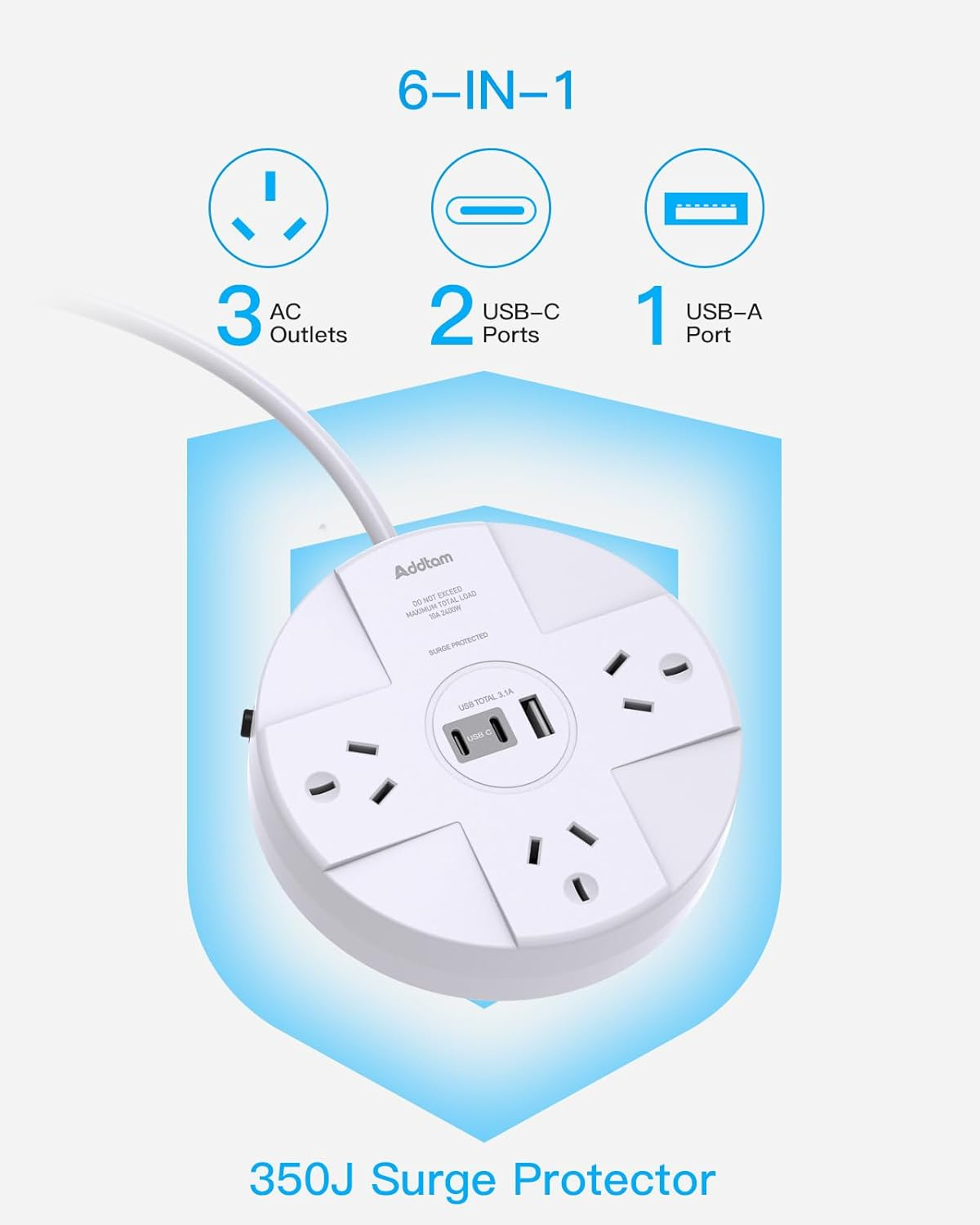 Power Board, Power Strip with 3 AC Outlets and 3 USB(2 USB C and 1 USB A),350J Surge Protection Powerboard, Small Desktop Charging Station with 1.2M Extension Cord for Travel, Home,Office Accessories image number 4