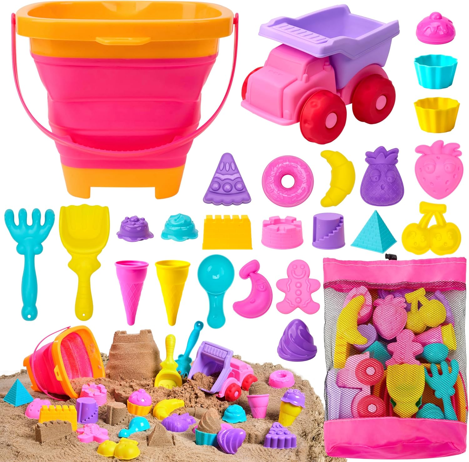 Sloosh Beach Sand Toys Set - Pink Dump Truck Car Toy with Sand Molds, Collapsible Buckets Mesh Bag Shovels Castle Ice Cream Mold for Ages Kids Toddlers Sandbox Toys Gifts Travel Vacation (Foods) image number 5