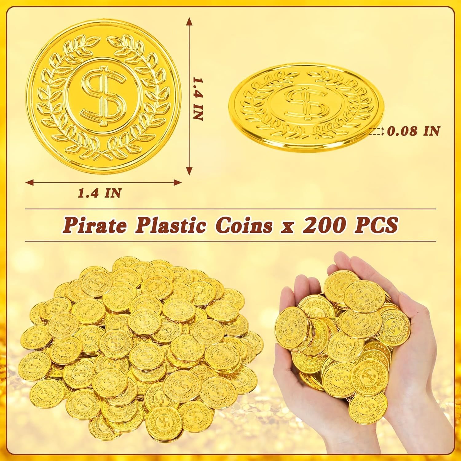 200 PCS Plastic Gold Coins, Metallic Coins image number 1
