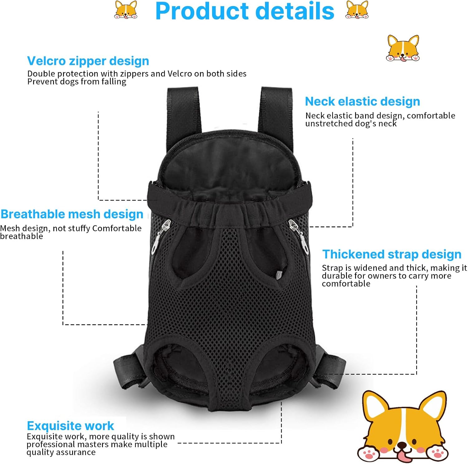 Dog Carrier Backpack, Adjustable Pet Carrier Backpack for Front and Back, Cat Dog Carrier Legs Out Rucksack for Camping Traveling Hiking with Hook and Loop, Breathable Mesh image number 4