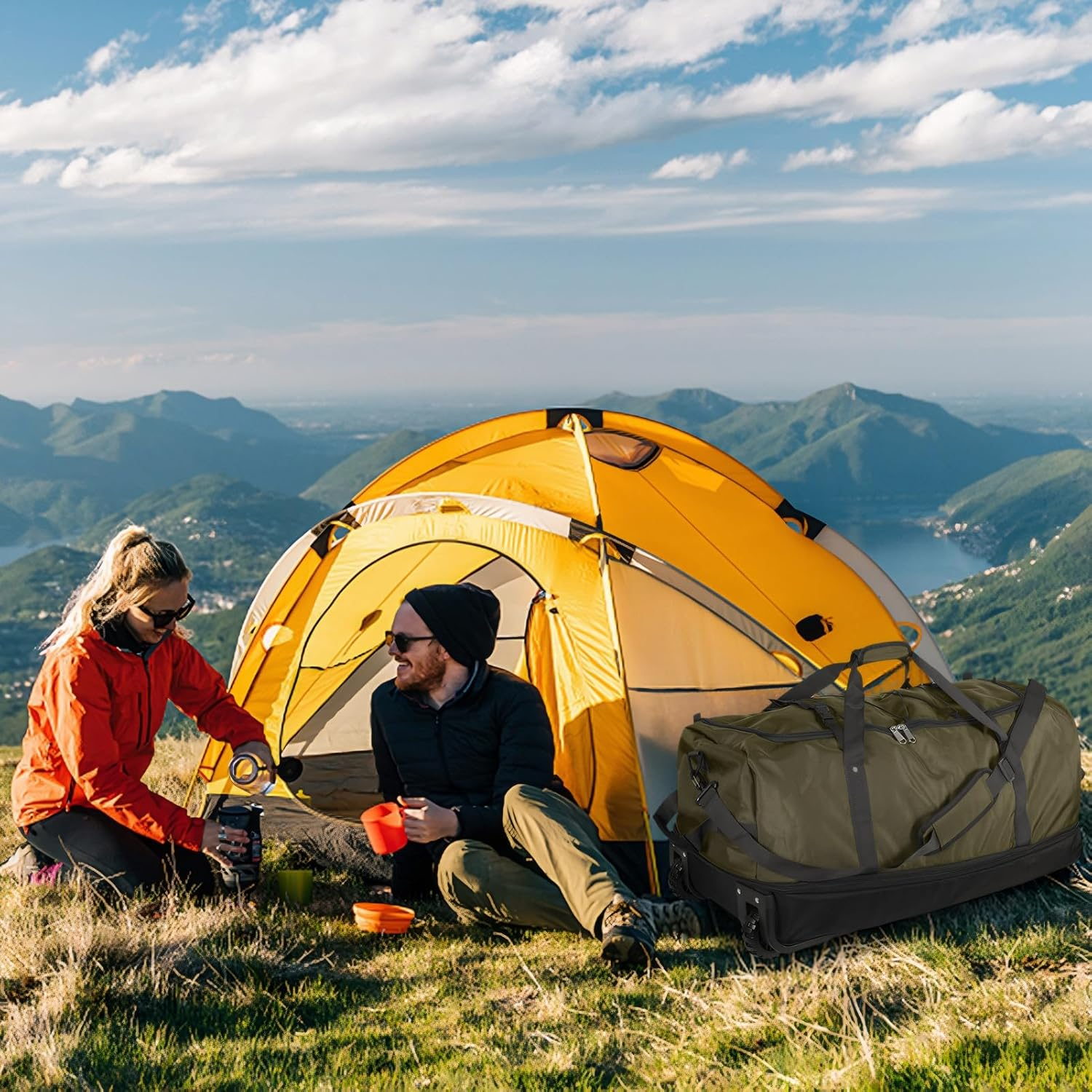 Vomgomfom 32" Soft-Sided Foldable Wheeled Travel Duffel Bag,Expandable 110L to 140L Rolling Cargo Bag with 2 Wheels and Multiple Pockets,Army Green - Black-Orange image number 5