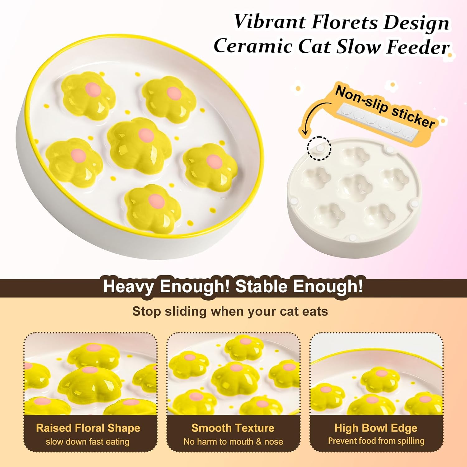 Ceramic Slow Feeder Bowl for Cats - Healthy Eating Colorful Design - Cute Food Plate Puzzle Feeder Dish - Dishwasher Safe - 6.3" W X 1.2" H - 6 OZ - Yellow Flowers - Pink image number 5