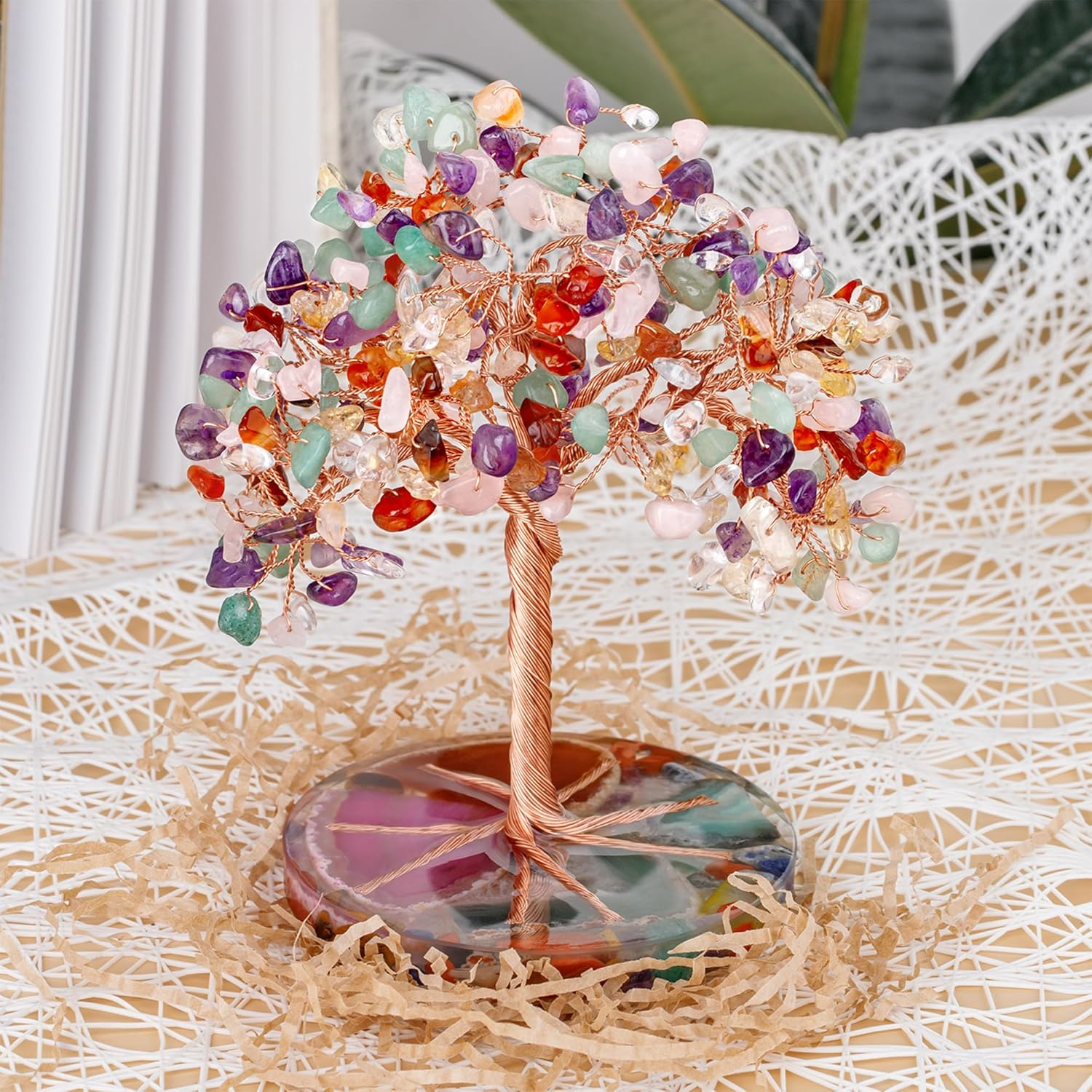 Zenbless 7 Chakra Healing Crystals Stones Tree, Colorful Crystal Stone Leaf Wire Wrapped on Natural Agate Slice Base, Home Office Desk Living Room Feng Shui Decoration for Wealth and Luck - Colorful image number 2