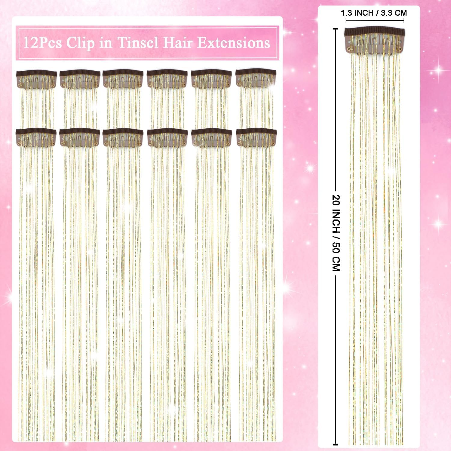 Hair Tinsel Clip in Gold Fairy Hair Tinsel Kit, 12 Pcs 20 Inch Glitter Clip in Hair Extensions for Girls Women Kids Christmas New Year Festival Party (Colorful) image number 1