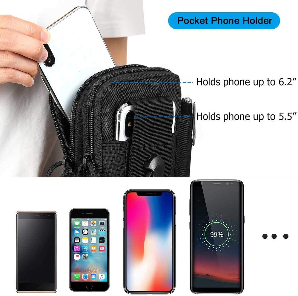 Outdoor Tactical Waist Bag with Cell Phone Holster Holder EDC Molle Belt Waist Pouch Security Purse Phone Carrying Case Pocket Organizer for Less than 6.2 Inches Smartphone (Black) image number 1