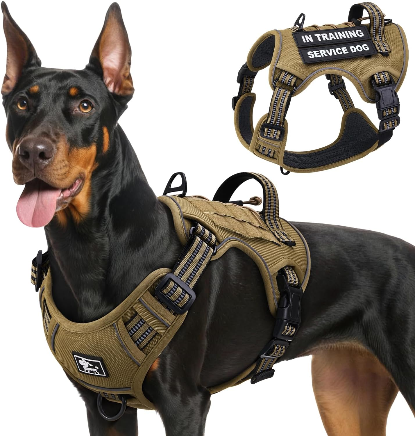 Slowton No Pull Tactical Dog Harness, Adjustable Dog Vest with 3 Buckles, 2 D-Rings & Padded Handle, Easy to Put On, Reflective Pet Harness with Molle System for Dogs Outdoor Walking Training
