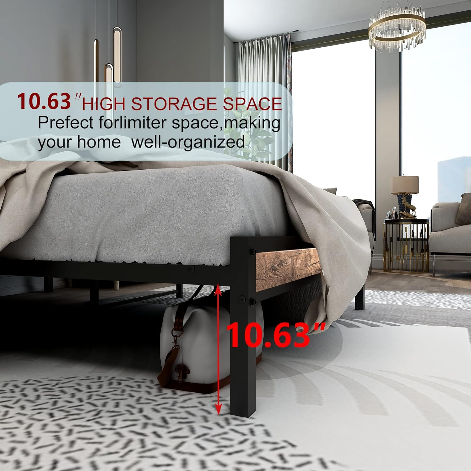 Diolong Double Bed Frame with Storage Headboard Platform Bed Frame Double Size, Metal Bed Base, Brown