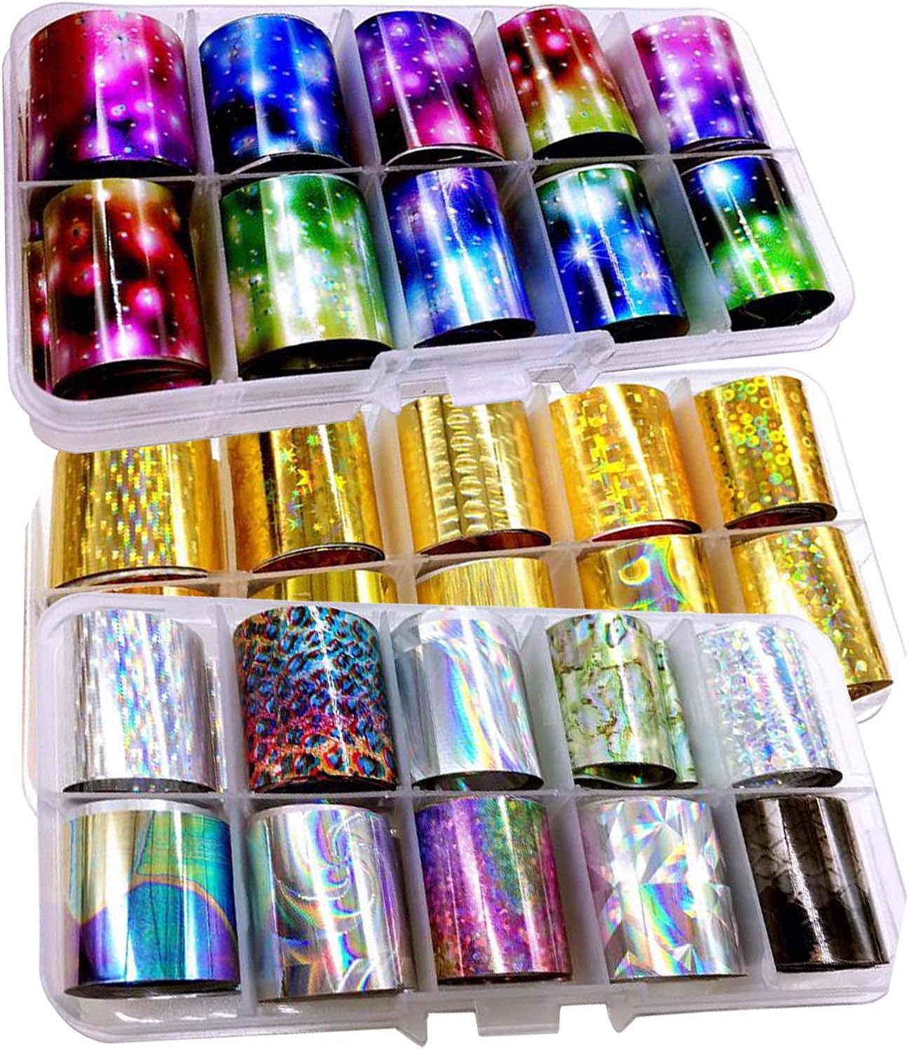 30 Rolls Holographic Transfer Nail Foil Glitter Starry Sky Nail Foils Wraps Metallic Gold Silver Laser Transfer Nail Decals Nail Foil Paper,1 Stainless Steel Curved Scissors (Holographic Starry) image number 1