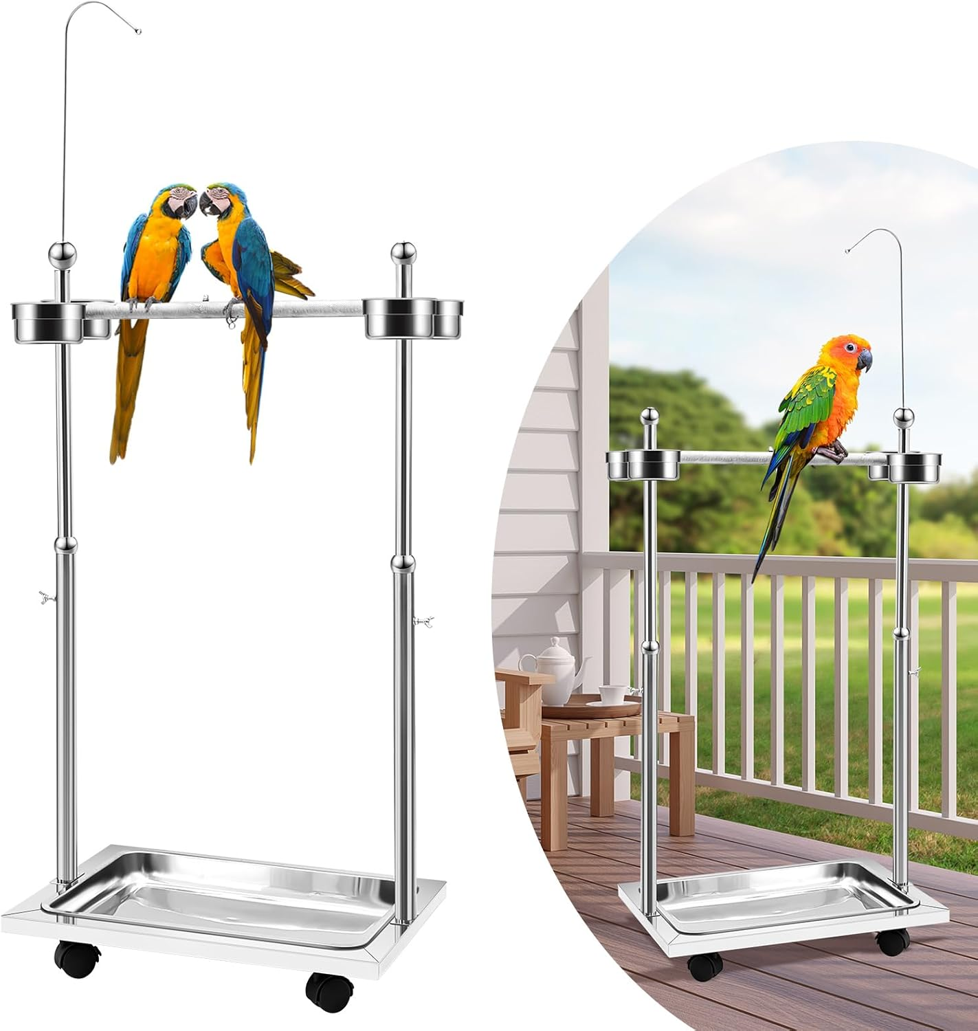 Tandefio Parrot Stand Bird Play Stand 21.65 X 15.35 X 27.95 Inches Large Metal Stainless Steel Bird Playstand Adjustable Height Perch with Universal Wheels and Feeding Bowls image number 5