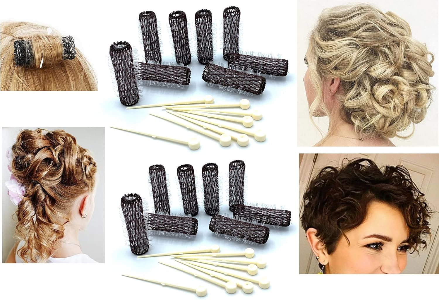 16 Pc Vintage Style Hair Roller Mini Small Brush Rollers Mesh Curlers Bristles 2"X 1/2" Flexible Locking Pins Small Curls Short Hair image number 3