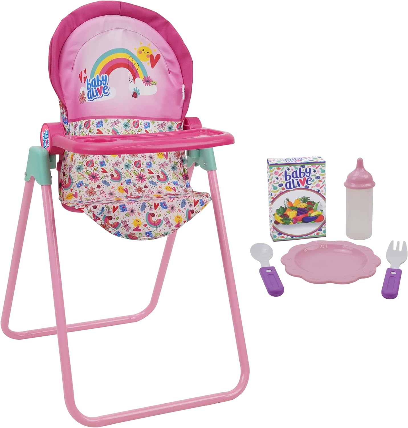 509 Crew Baby Alive: Doll Highchair Set - Pink & Rainbow - 6 Pieces, Fits Dolls up to 24", Highchair W/Front Feeding Tray & 5 Feeding Accessories, Pretend Play for Kids Ages 3+ image number 1
