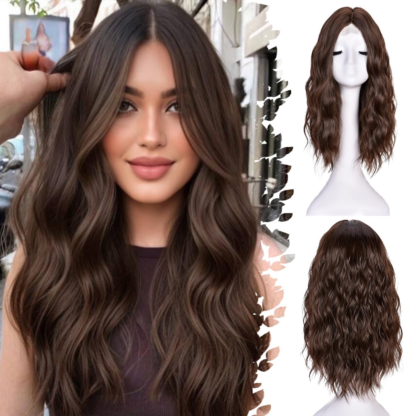 ISAMY 18 Inch Wigs for Women Medium Part Synthetic Hair Wavy Wig for Daily Use (Brown) image number 4