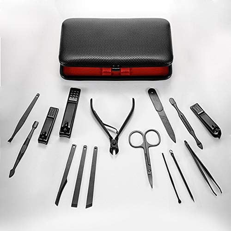 URWOOW 15 in 1 Professional Stainless Steel Nail Clipper Travel & Grooming Kit Nail Tools Manicure & Pedicure Set of 15Pcs with Luxurious Case Black Red