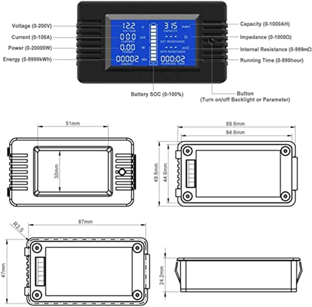 DC Battery Monitor Power Meter Ammeter Digital DC 0-200V Shunt 100A Multimeter, Meter Voltmeter Capacity Tester image number 3