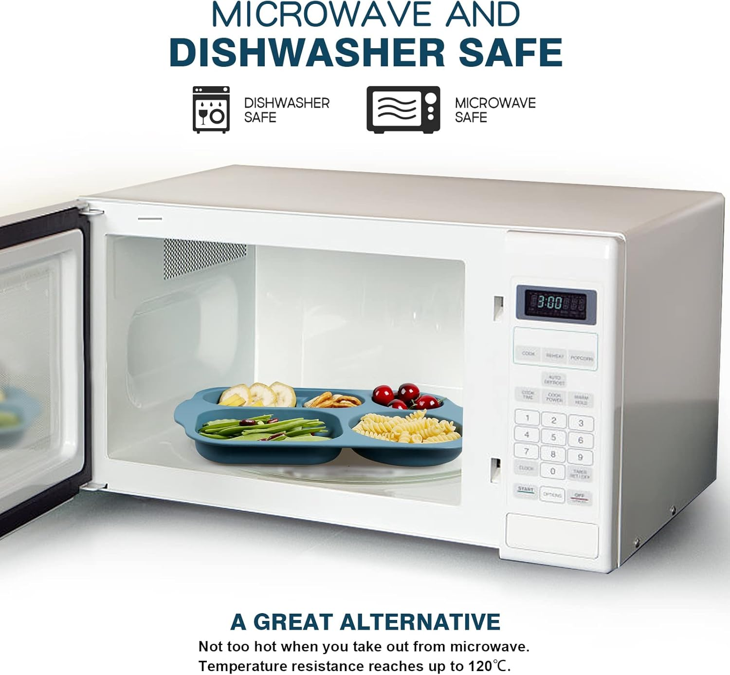 Shopwithgreen Divided Plates for Kids Adults, 12 Inch (4PCS) Plastic Unbreakable Section Plates, Large Lightweight Reusable Compartment Lunch Trays, BPA Free Dishwasher & Microwave Safe - Coastal(With Lids) image number 3