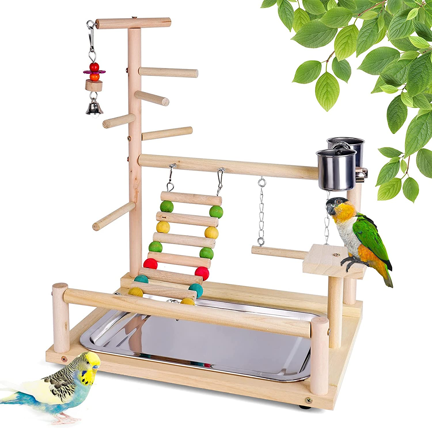Roseflower Parrots Bird Wooden Playstand, Birdcage Playground Play Gym Parakeet Playpen Ladder with Feeder Cup and Tray, Bird Toys Swing Exercise Toy #4 image number 2