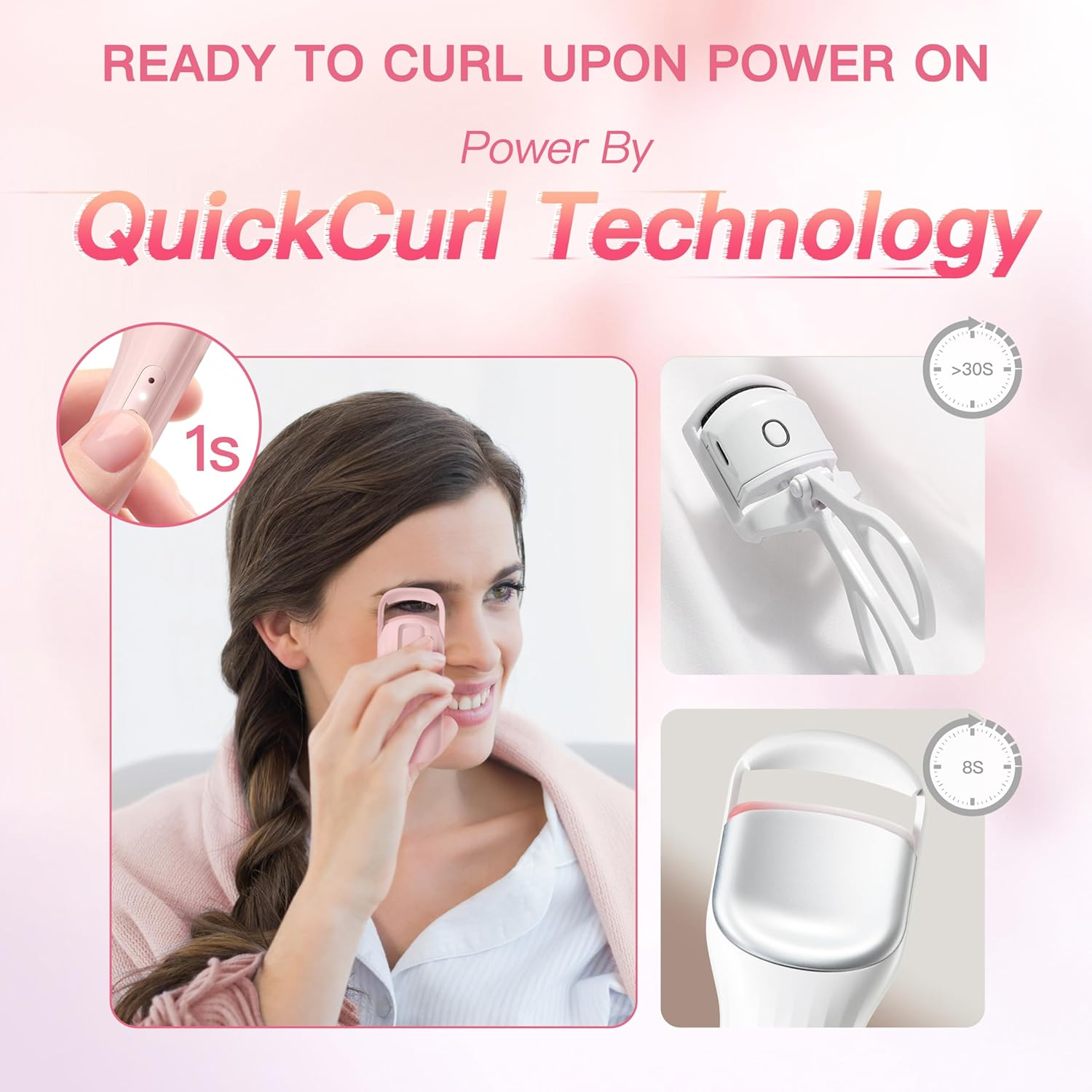 Heated Eyelash Curler Innovative, Quickcurl 1S Heat Up, Natural Eyelash Curler 70&deg;C/85&deg;C Adjustable Heat (Pink) image number 4