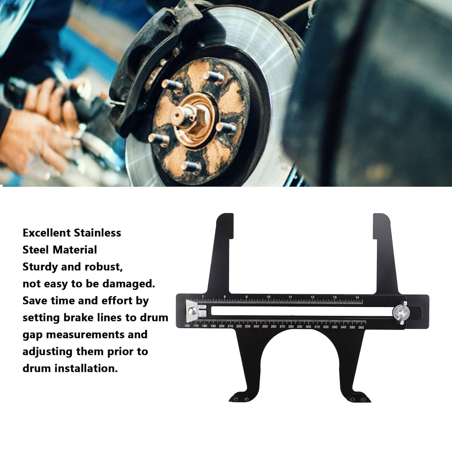 Brake Resetting Tool Brake Drum Measuring Tool 6.5-14.25In Stainless Steel for Rear Drum Brake Pad Parking Handbrake Rotor Reset image number 1