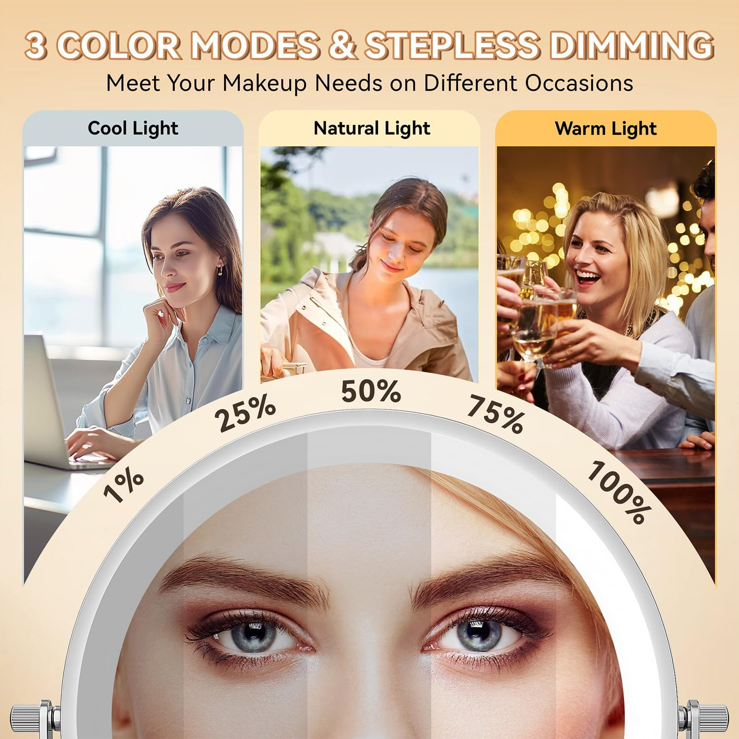 Auxmir 8'' Wall Mounted Lighted Makeup Mirror, 3200Mah Rechargeable Double-Sided 1X/20X Magnifying Mirror with Light, Touch Dimmable 3 Color Light, 360&deg; Rotation Foldable Extended Arm, Chrome image number 3