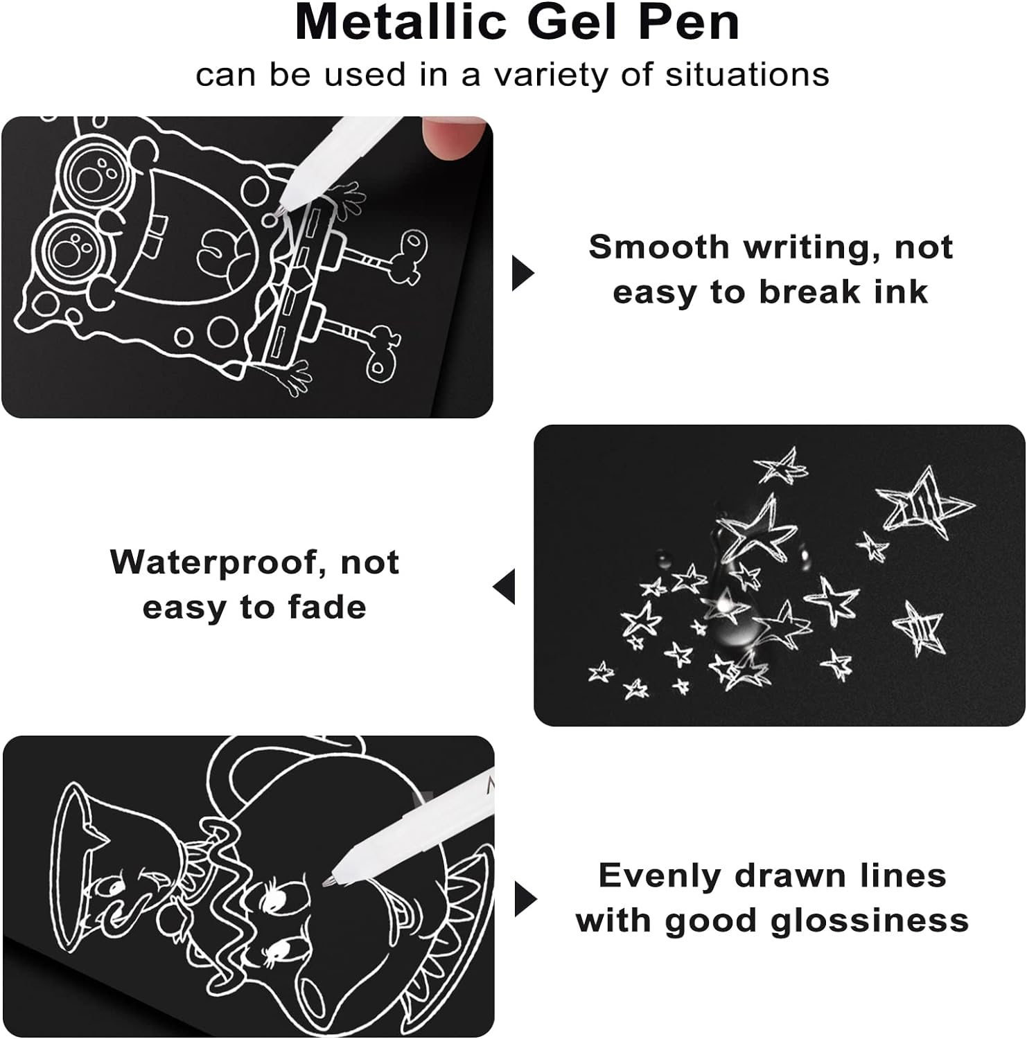 6 Pads Sticky Notes 3 X 3 Inches, Black Self-Stick Notes with White Gold and Silver Gel Pens, 50 Sheets/Pad Sticky Note Easy Post for Office School Home Supplies image number 1