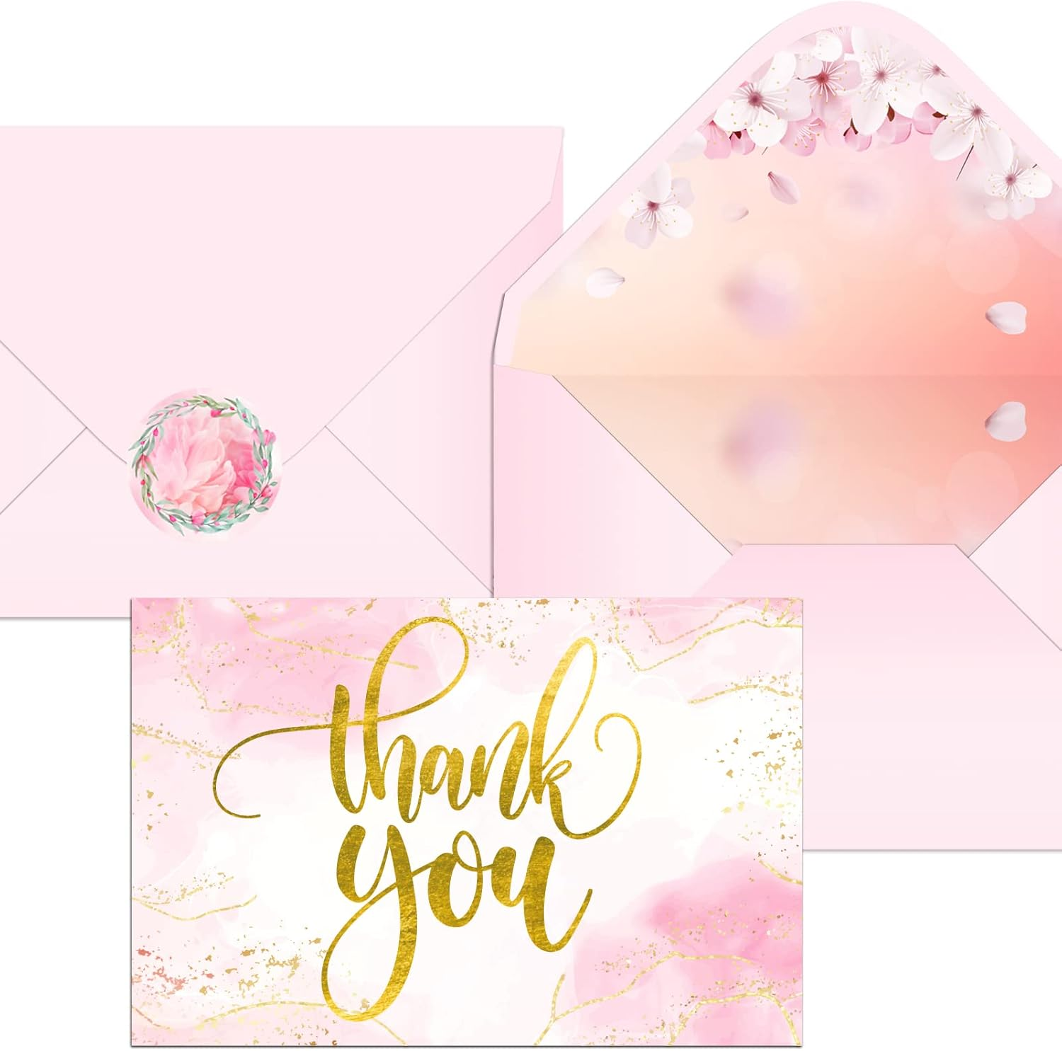 40 Marble Thank You Cards with Envelopes | Gratitude Thank You Cards Bulk | Pink and Gold Foil Thank You Notes Perfect for Girl&rsquo;S Baby Shower, Wedding & Bridal Showers | Pink Envelopes & Floral Stickers Included