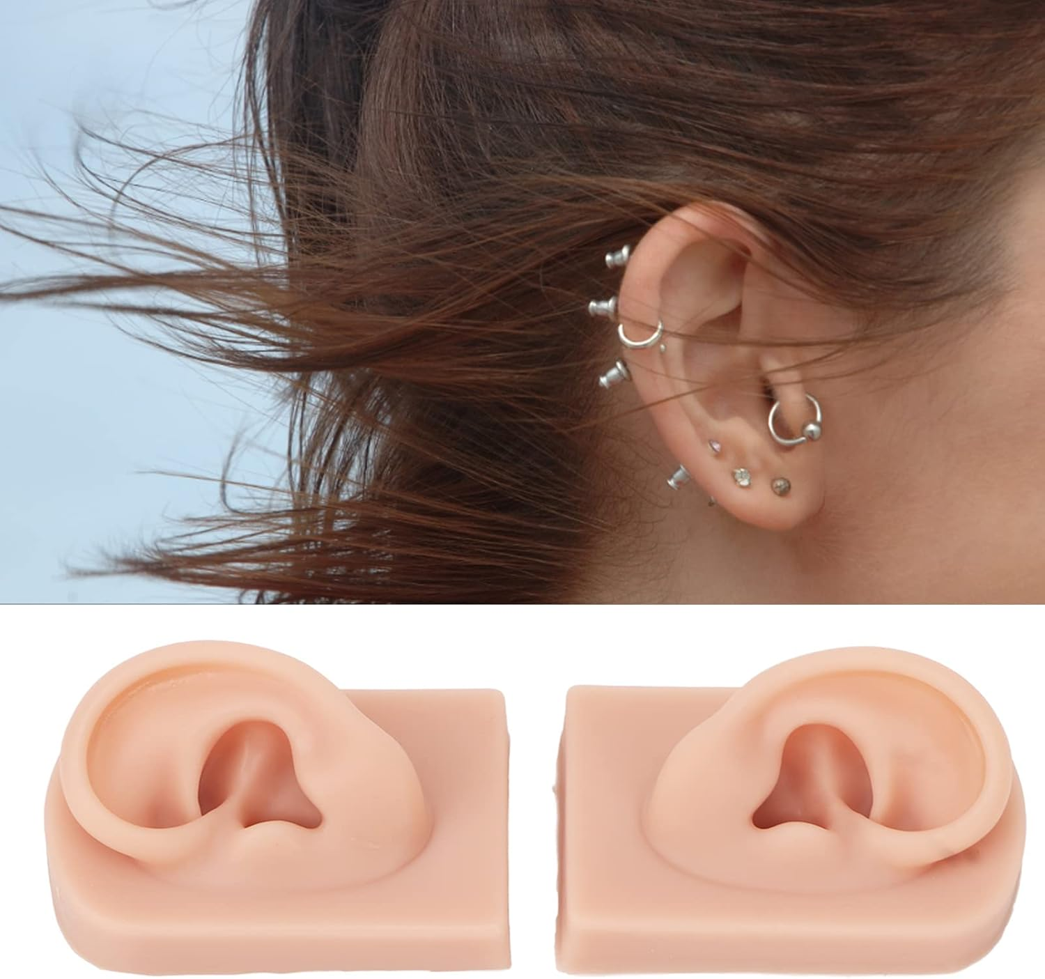 Silicone Ear Model, Left and Right Soft Flexible Model Fake Ear Piercing Practice, Human Ear Model, Realistic Silicone Ear for Jewelry Display, Acupuncture, Teaching (#2)