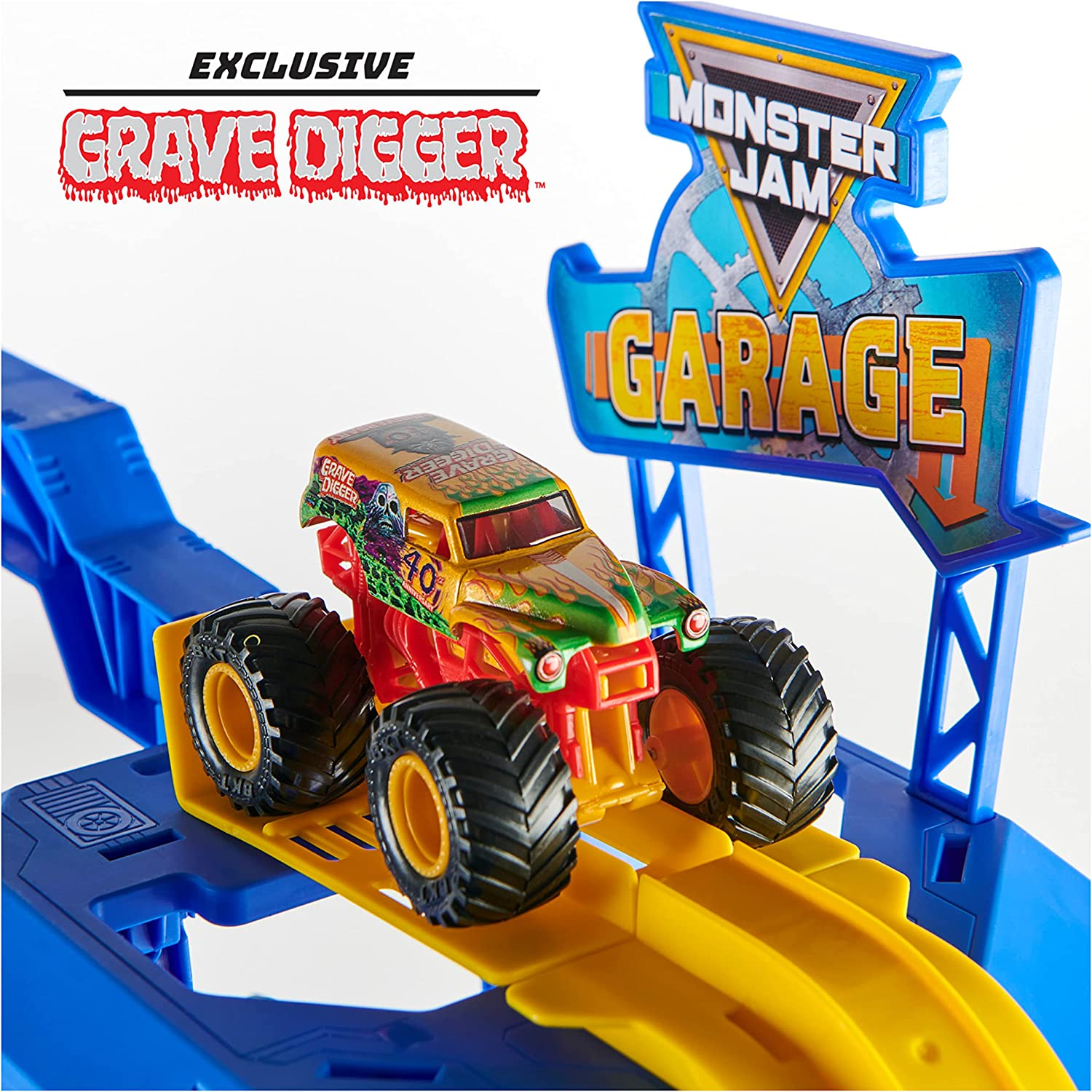 Monster Jam Garage Playset and Storage with Exclusive Grave Digger Monster Truck, Lights and Sounds, Kids Toys for Boys and Girls Ages 3 and Up, Blue and Organge (6060719) image number 5