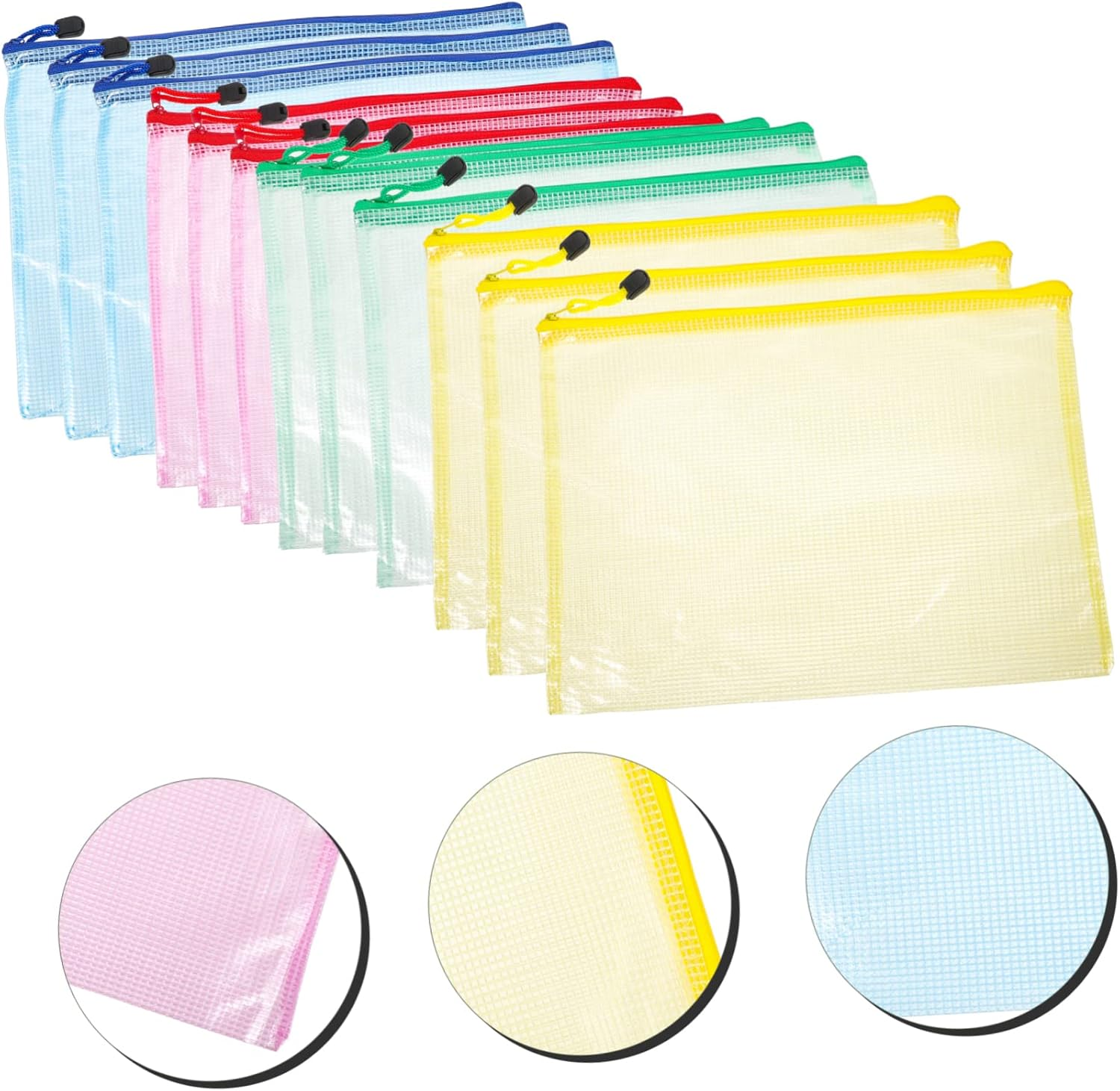 TOGEVAL 12Pcs A4 Zipper File Pouches Waterproof Thickened Document Organizers Stationery Storage Bags for Office School Receipt and Paper Folder