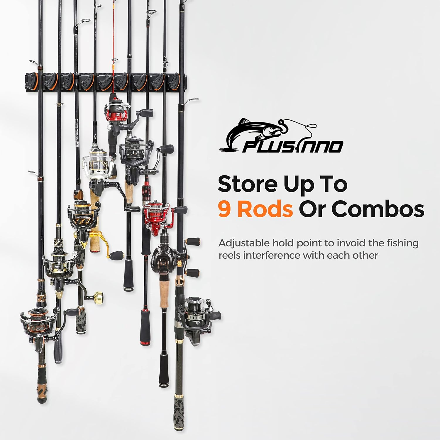 PLUSINNO V9 Vertical Fishing Rod Holders, Wall Mounted Fishing Pole Holders, Fishing Rod Rack Holds up to 9 Rods or Combos, Fishing Rod Holders for Garage, Fits Most Rods of Diameter 3-19Mm image number 1