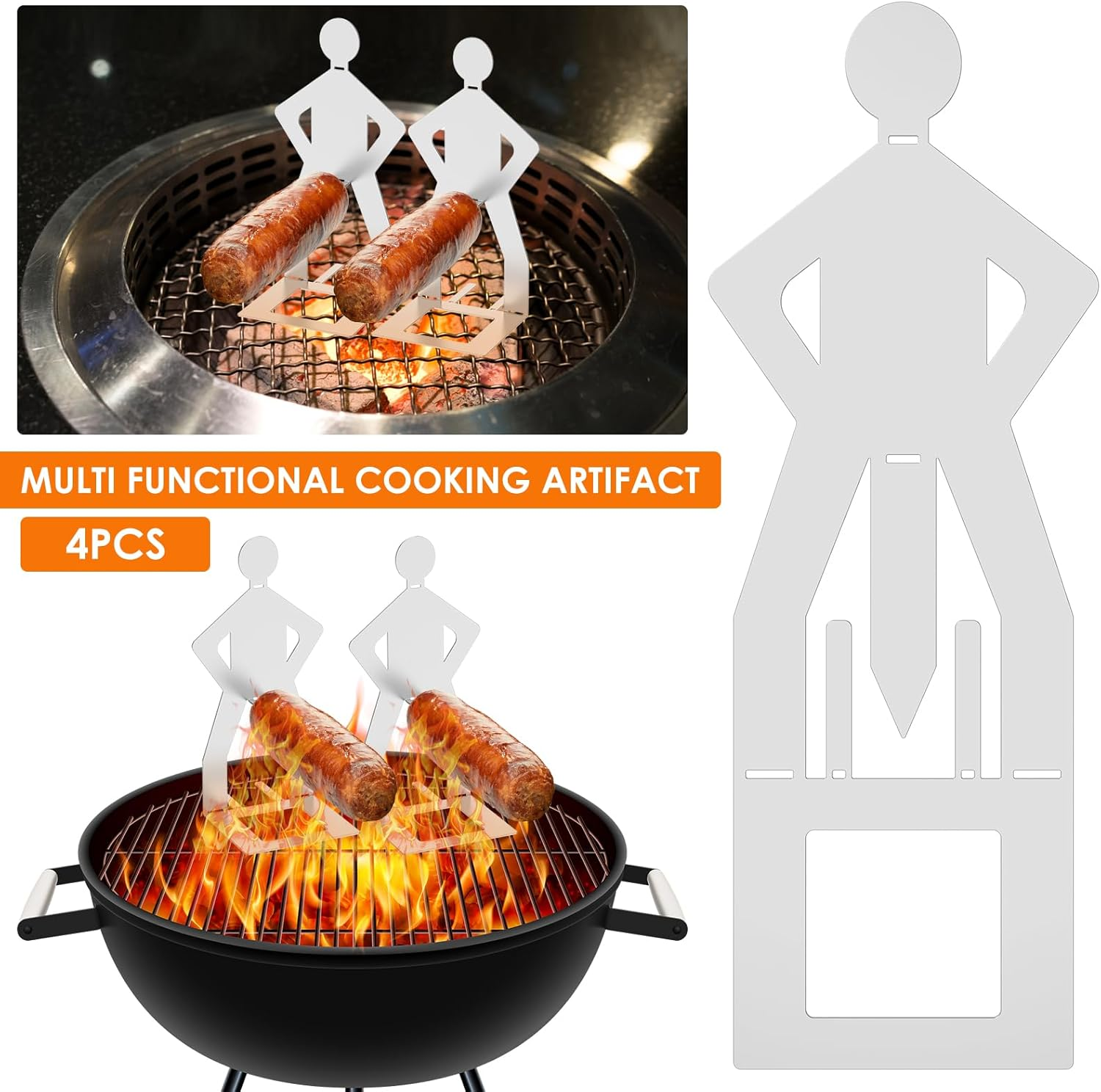 4Pcs Funny Hot Dog and Sausage Stand,Stainless Steel Standing Man Sausage Barbecue Rack,Portable Hot Dog BBQ Holder for Gathering Camping Outdoor