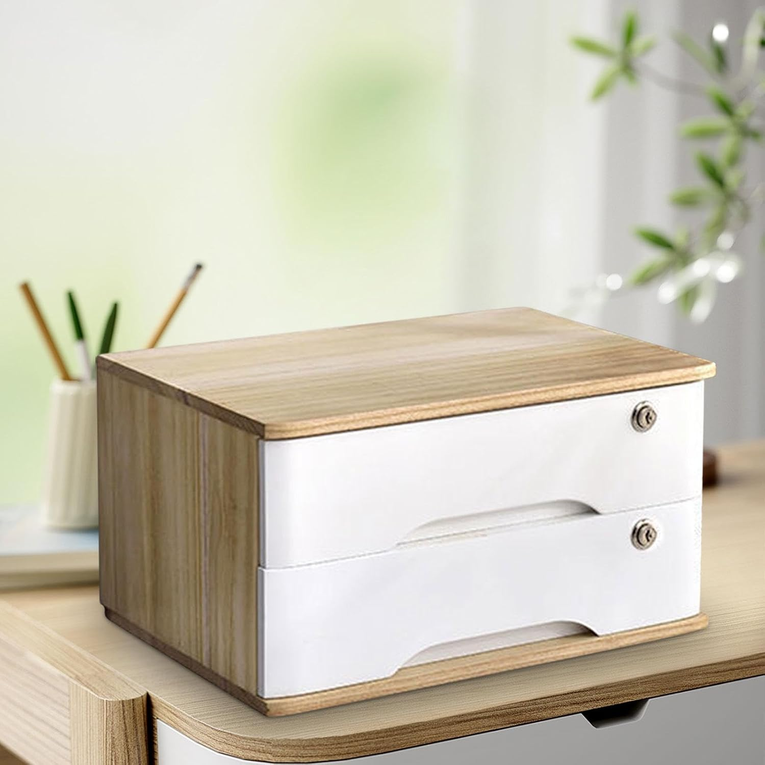 Weilaikeqi Wood Desktop Storage Box with Lock Wooden Tabletop Cabinet Storage Drawer for Counter, Wooden White - Brown image number 3