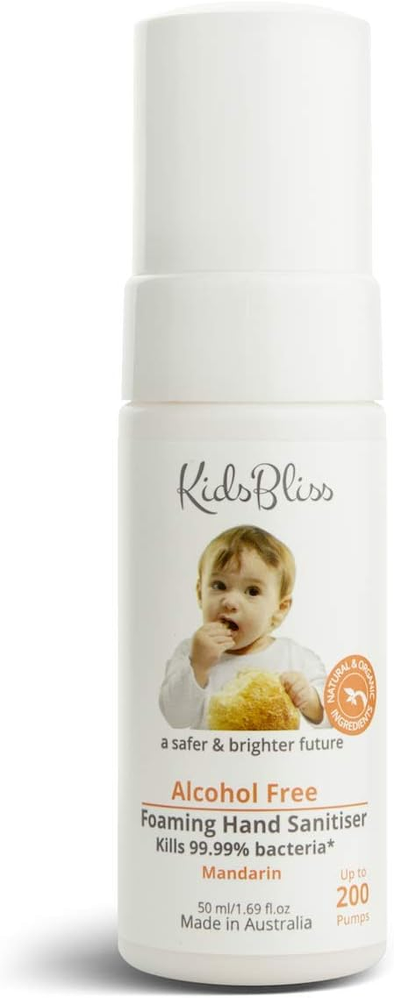 Kidsbliss Alcohol-Free Foaming Hand Sanitiser for Baby & Kids | Gentle, Bzk-Free & Non-Toxic Formula for Sensitive Skin | 200 Pumps (50Ml, Mandarin), Rinse-Free On-The-Go Sanitizer
