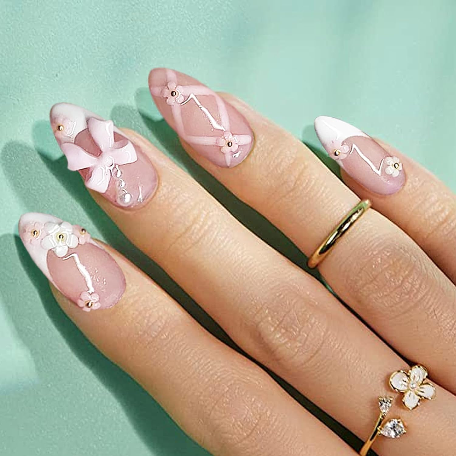 Yamobi Pack of 24 Artificial Nails, Glitter Press on Nails, Short, French Nails for Sticking, Y2K Press on Nails, Almond Shape Press on Nails French, DIY Manicure image number 5