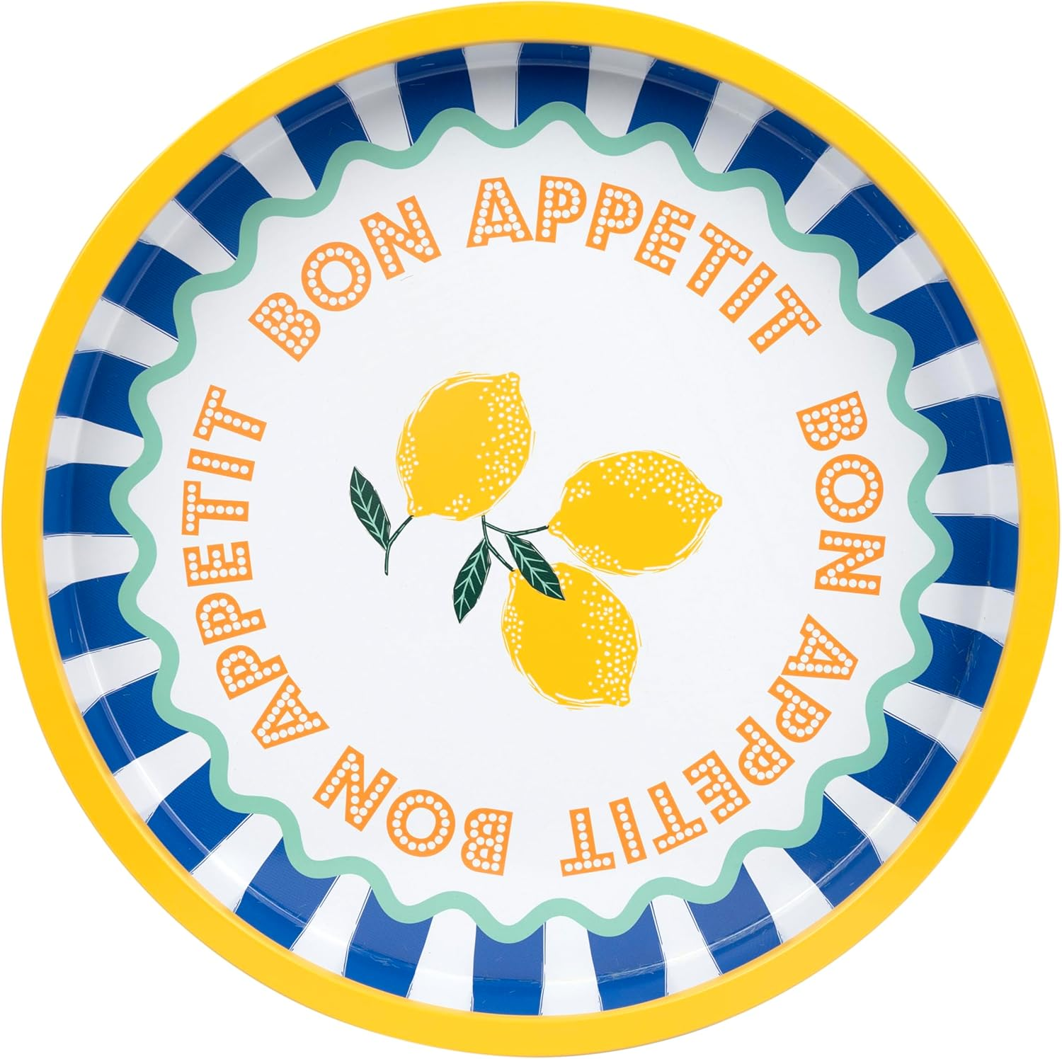 Talking Tables Large round Serving Tray for Drinks, Snacks, Condiments Decorative and Colourful Lemon Design, Ideal for Summer Dining, BBQ, Outdoor Dining Garden Parties | Made of Tin | 31Cm image number 1