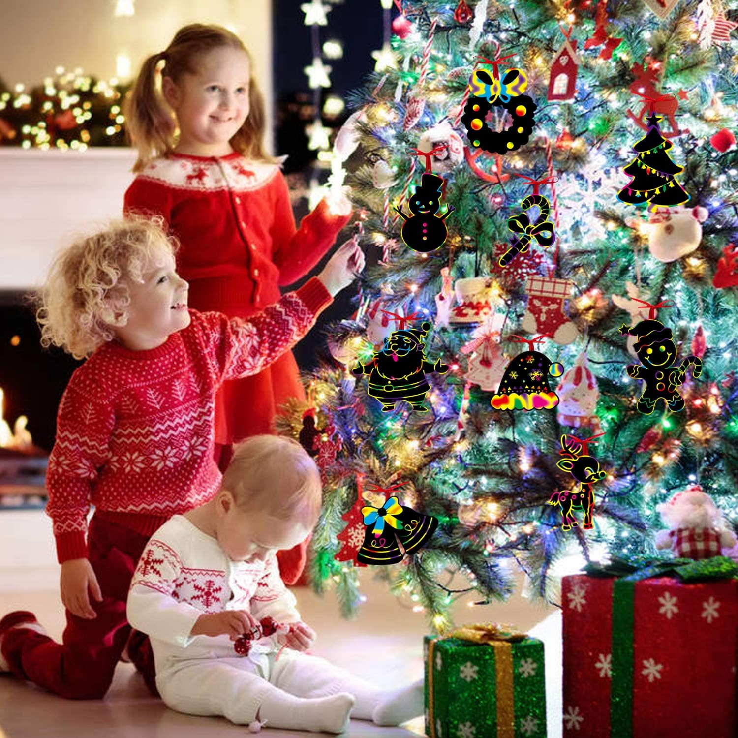 DERAYEE Pack of 48 Christmas Scratch Pictures Scratch Paper Set with Wooden Pens and Ribbons Rainbow Scratch Christmas Stockings Christmas Tree for Christmas Children Gift image number 4