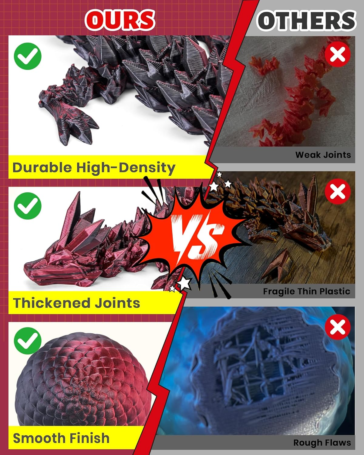 3D Printed Dragon Egg with Articulated Dragon inside - Adult Fidget Toys for Autism ADHD (Black Red) - 4Pcs-B image number 4