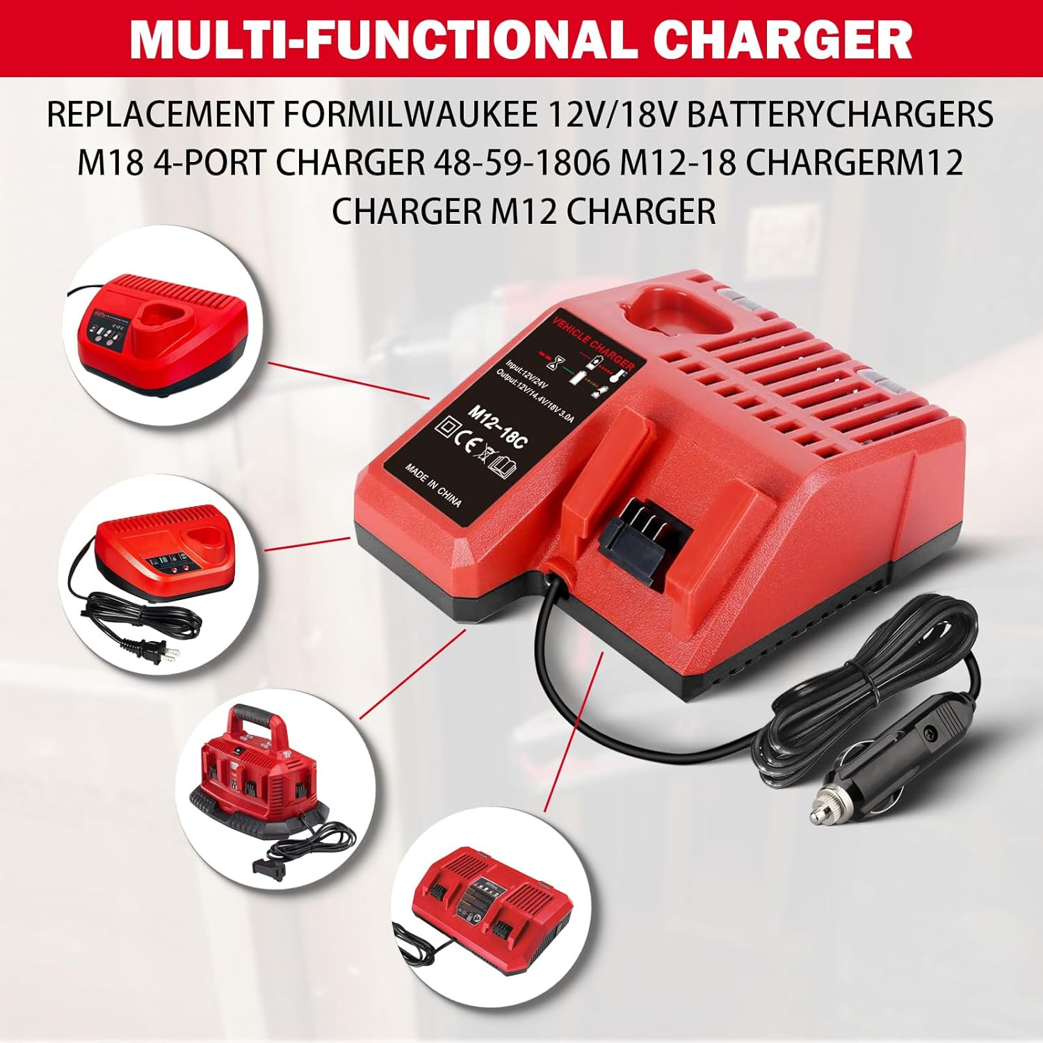 For Milwaukee Vehicle/Car Charger 48-59-1810 for M12/12V for M18 18V Battery Charger for 48-11-2401, 48-11-2402, C12 B, C12 BX, M12, M14,M18B, M18B4, M18BX image number 3