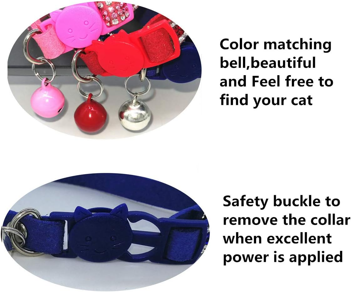 THAIN Basic Adjustable Cat Collar Bling Diamond Breakaway with Bell for Kitten Girl Boy (Blue) - Pink image number 5