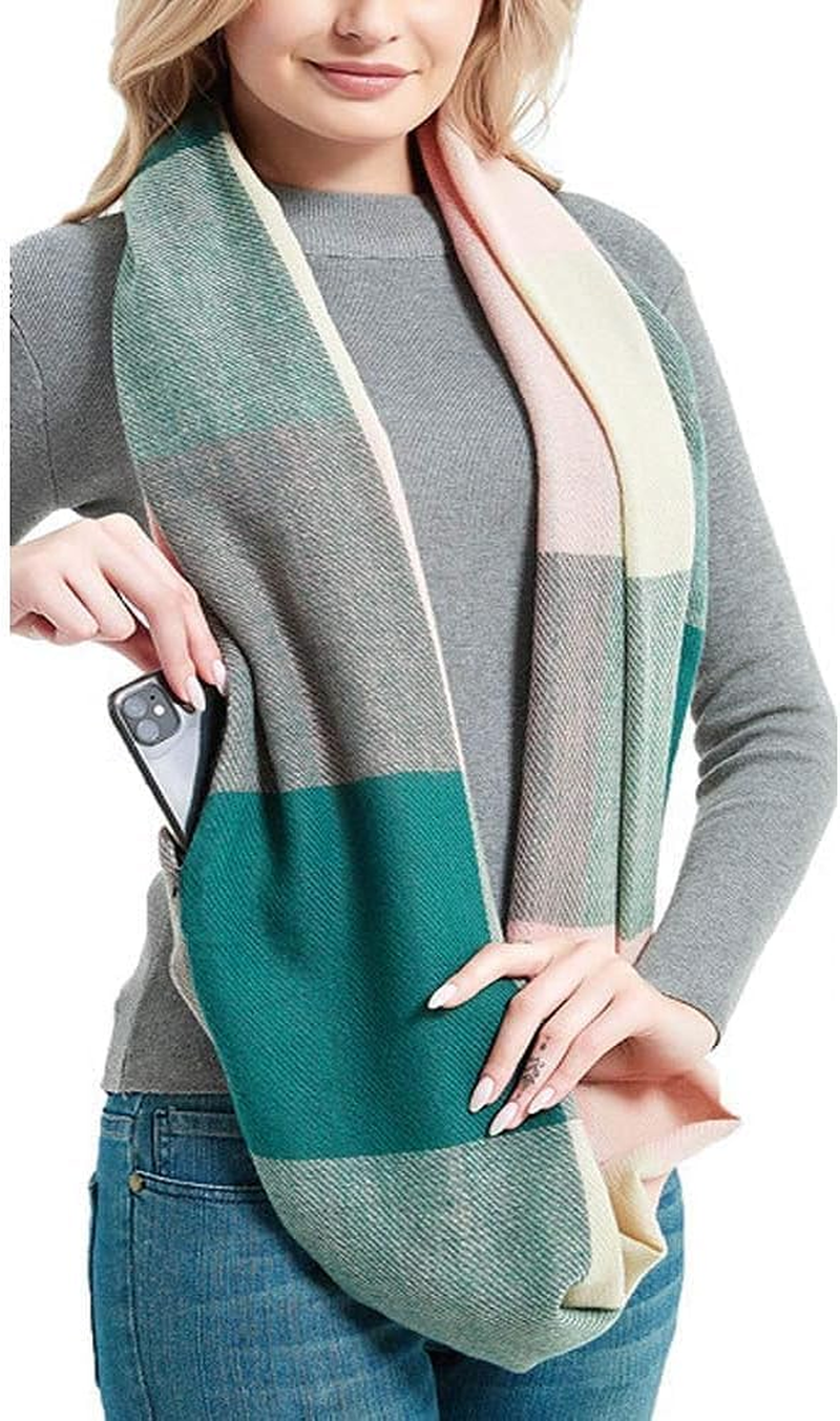 Women Plaid Infinity Scarf with Zipper Pocket Scarves Pockets-Secret Travel Scarfs for Girls Ladies image number 2