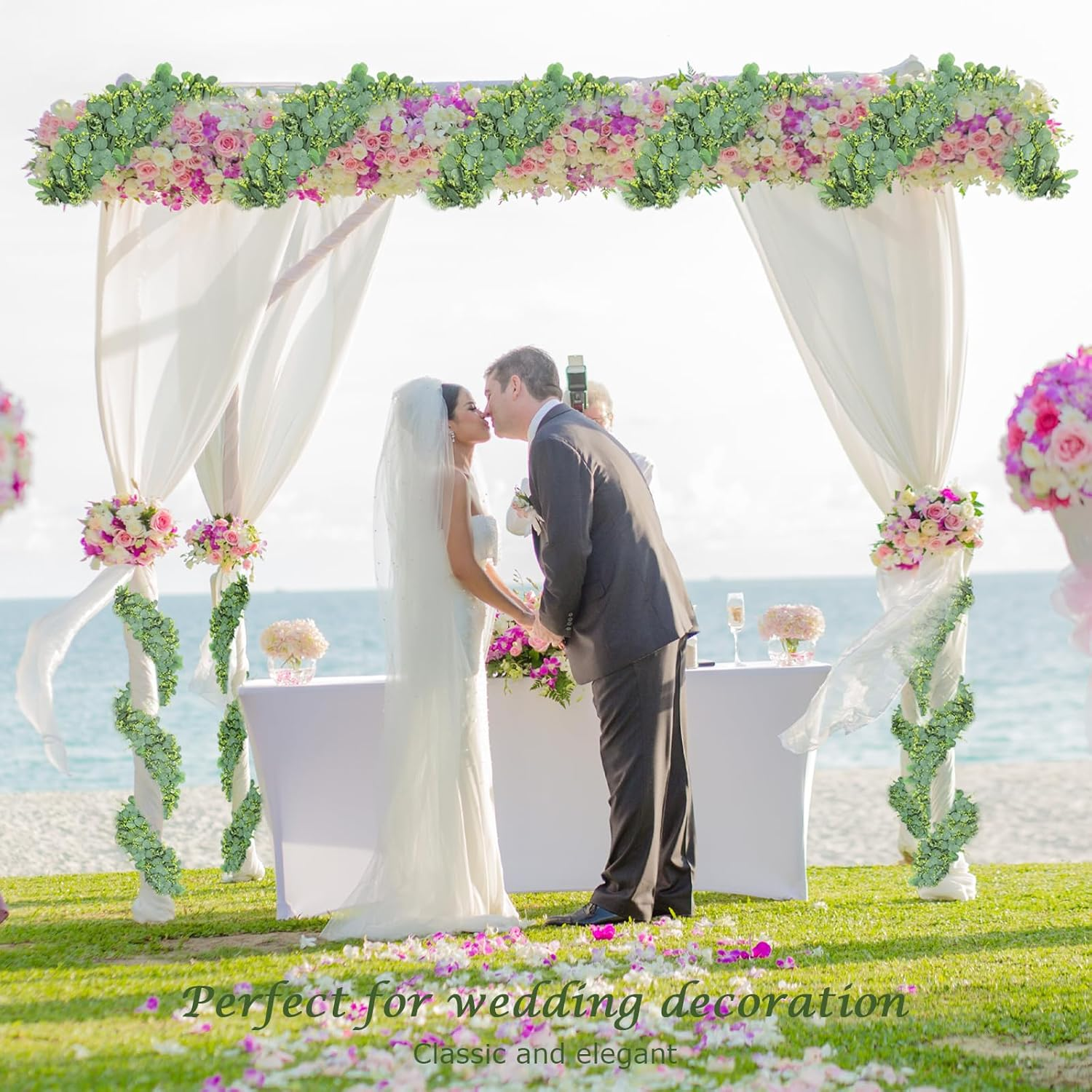 Faux Eucalyptus Garland Plant, 4 Pack Artificial Vines Hanging Eucalyptus Leaves Greenery Garland for Wedding Backdrop Arch Wall Decor, 5.5 Feet/Pcs UV Protected (Green with Spary White) - Green With Spary White image number 6