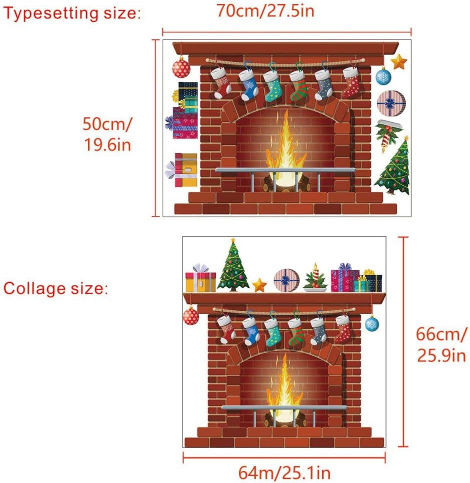 Christmas Fireplace Wall Stickers,Xmas Tree Gift Box Pattern Wallpaper,Christmas Fireplace Wall Decal Peel and Stick Self-Adhesive PVC Window Decal Removable image number 5