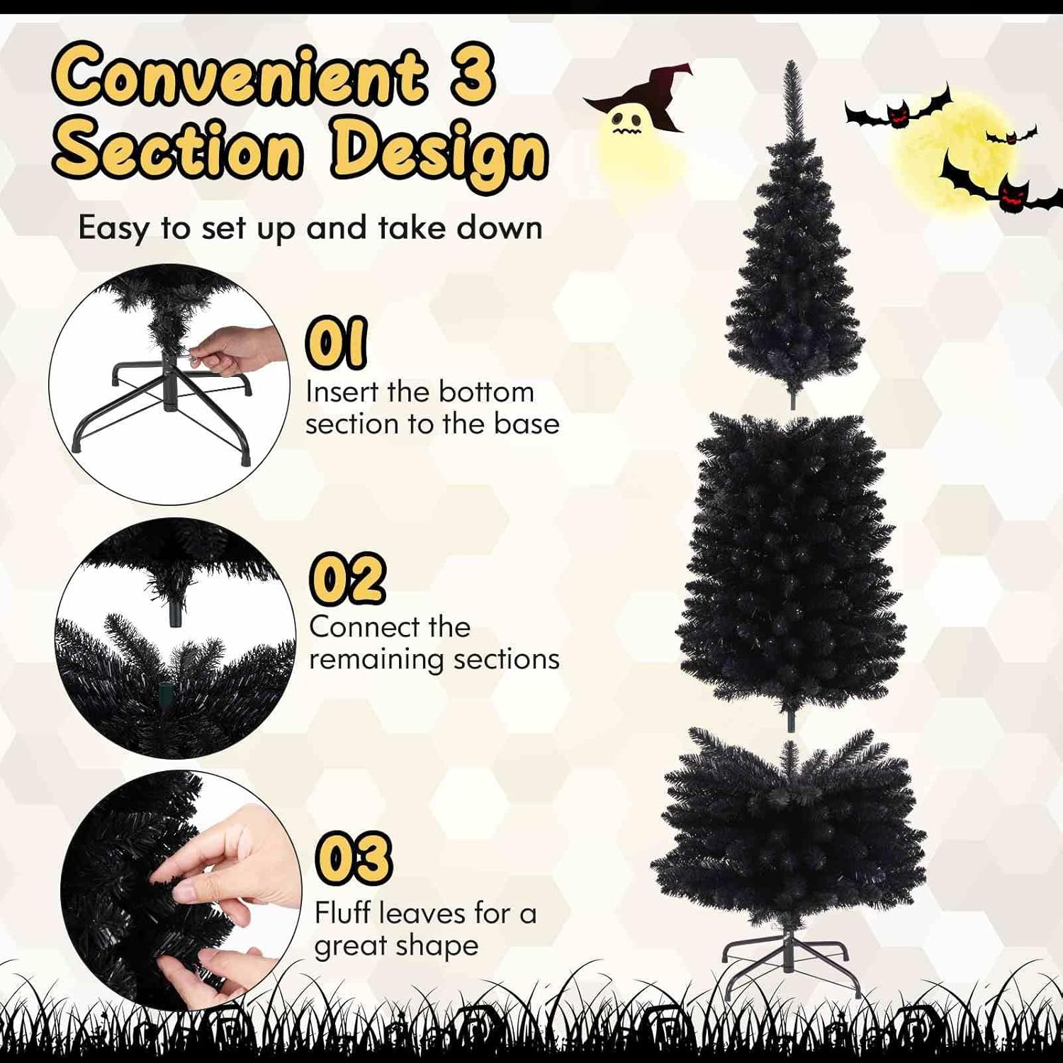 Costway 180 CM Black Artificial Halloween Christmas Tree, Slim Pencil Black Tree W/ 460 Branch Tips, Foldable Metal Stand, Corner Xmas Full Tree Carnival Decoration (180 Cm) image number 7