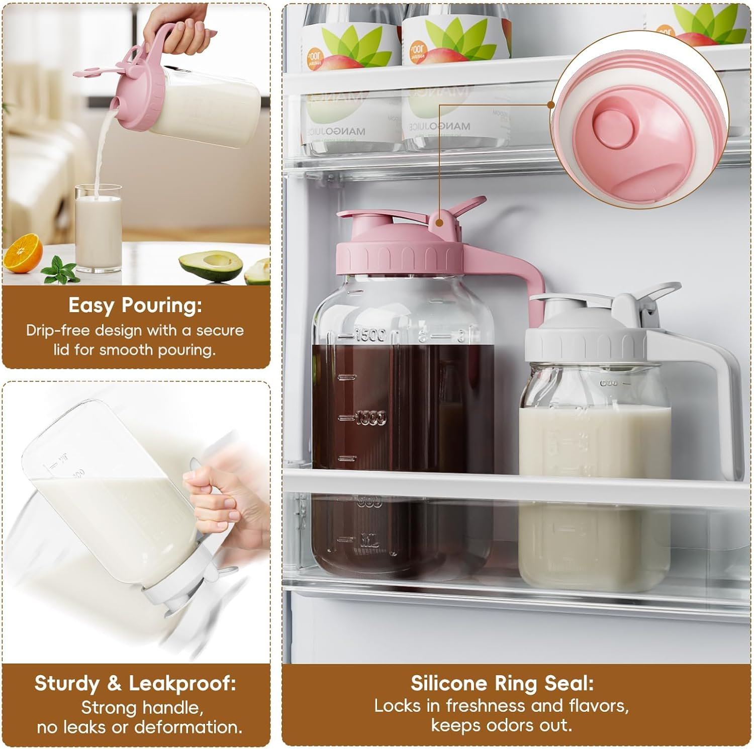 32Oz Breast Milk Pitcher Jug, Heavy Duty Wide Mouth Glass Mason Jar with Flip Cap Lid, Airtight Pitcher with Pour Spout Handle for Beverages Breast Milk Coffee Tea Ice Drinks Storage Container(Pink) image number 1