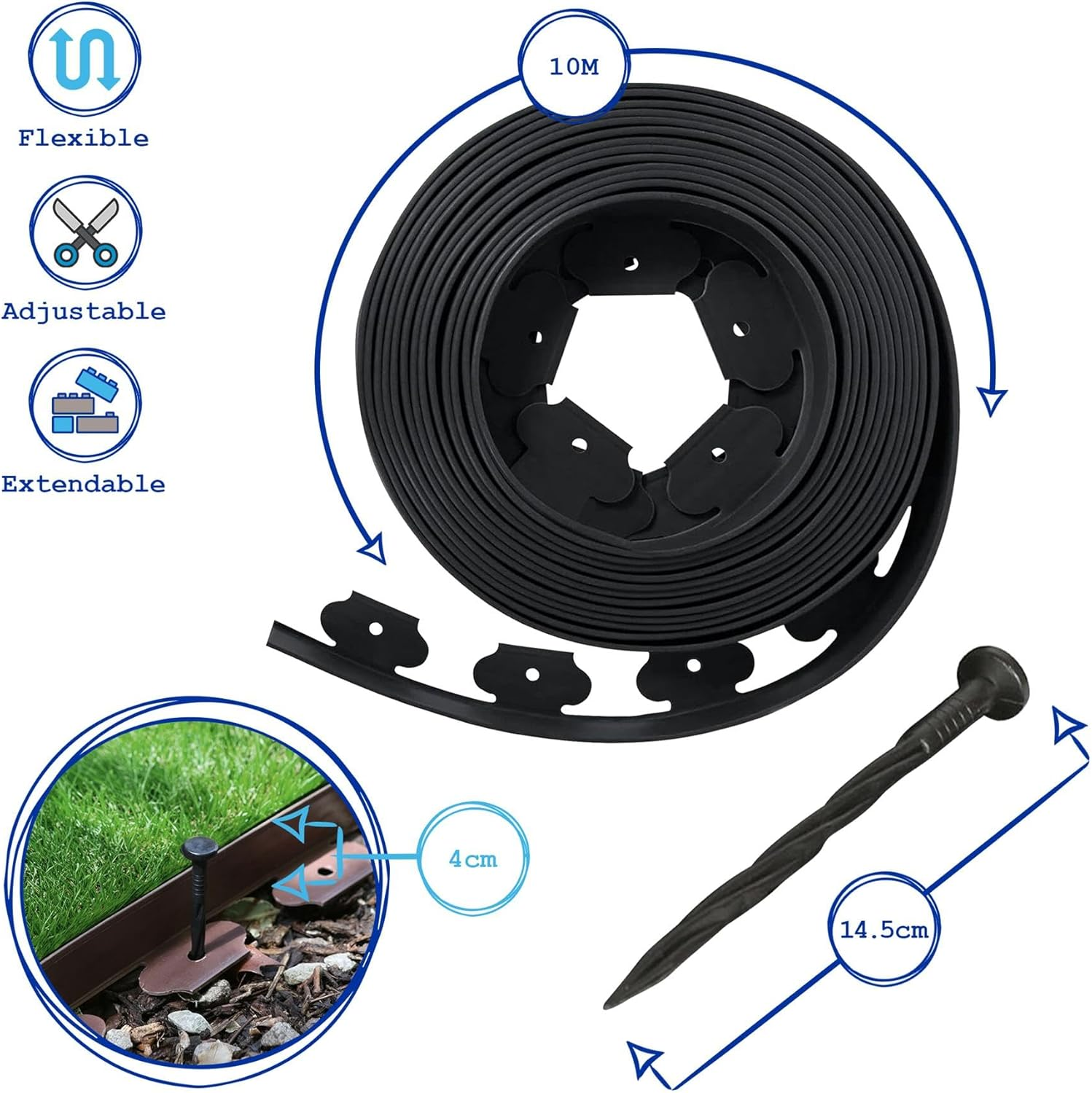 1X Flexible Plastic Lawn & Path Edging with 40 Pegs - 10M X 4Cm - Black - Garden Grass Flower Plant Bed Stone Path Border Edge Roll - by Harbour Housewares