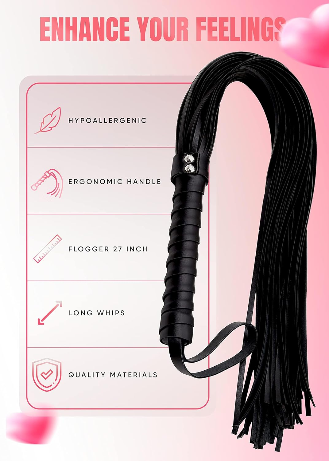 BDSM Sex Set 18'' Adult Paddle Crop 20'' Black Whip, Flogger for Sex Play, Bondage BDSM Whip Set, Spanking Sex Crop image number 3
