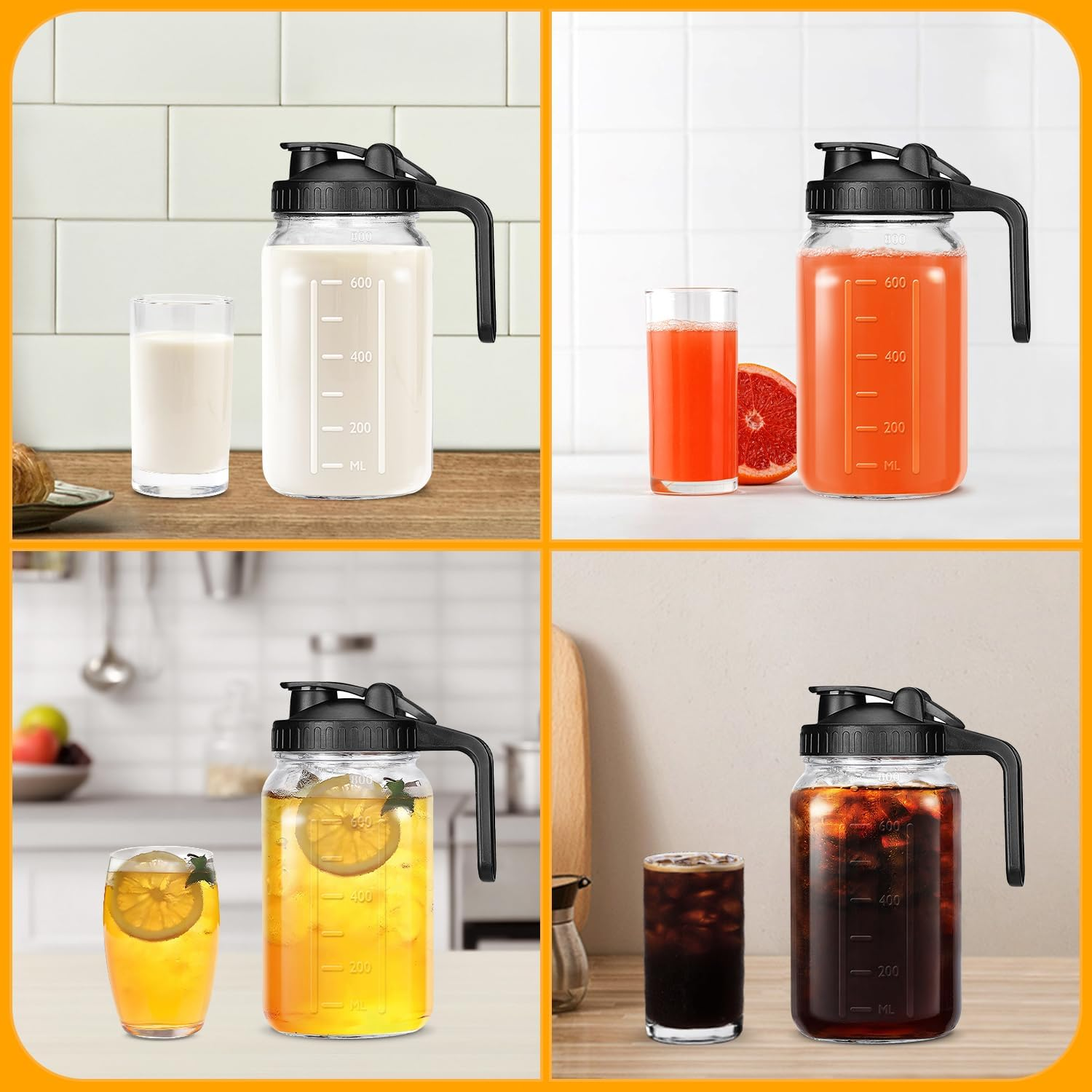 32 OZ Mason Jars with Lid, Glass Pitcher Double Leak Proof with Pour Spout Handle, 1 Quart Wide Mouth Breast Milk Pitcher for Fridge, Creamer Container for Coffee, Sun Tea, Juice - 1 Pack image number 6
