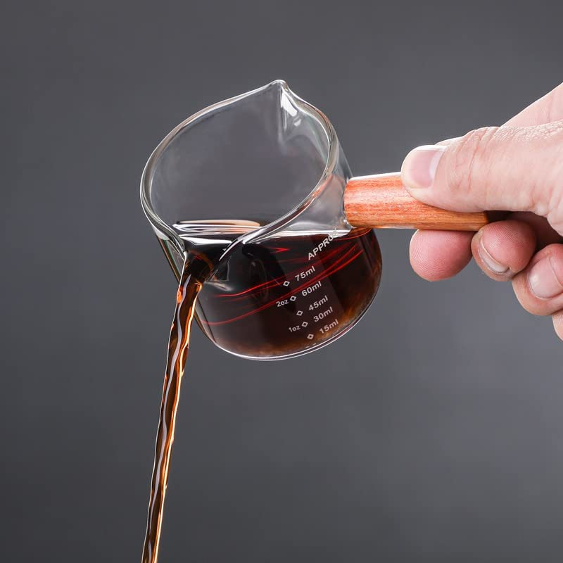 NEOUZA Espresso Cups with Wood Handle, Clear Glass, Double Spout Measuring Cup with Dual Scale, V-Shaped Spout Shot Glass, 3.4Oz/100Ml image number 4