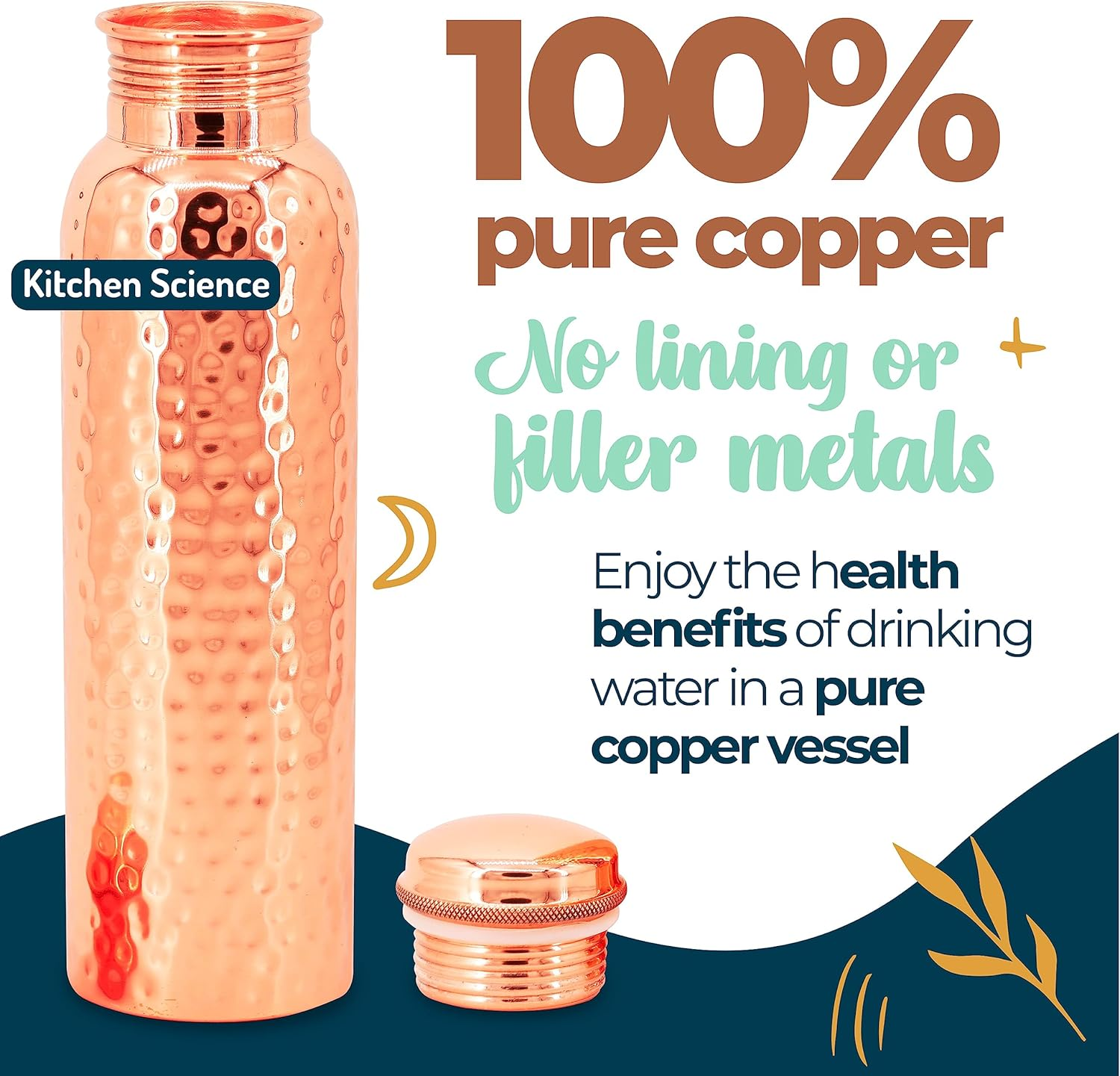 Kitchen Science Copper Water Bottle (32Oz/950Ml) W/A Carrying Canvas Bag | 100% Pure Copper Bottle for Drinking Water | Lab-Tested, Heavy Duty & Leak-Proof | Authentic Ayurvedic Copper Water Bottle image number 6