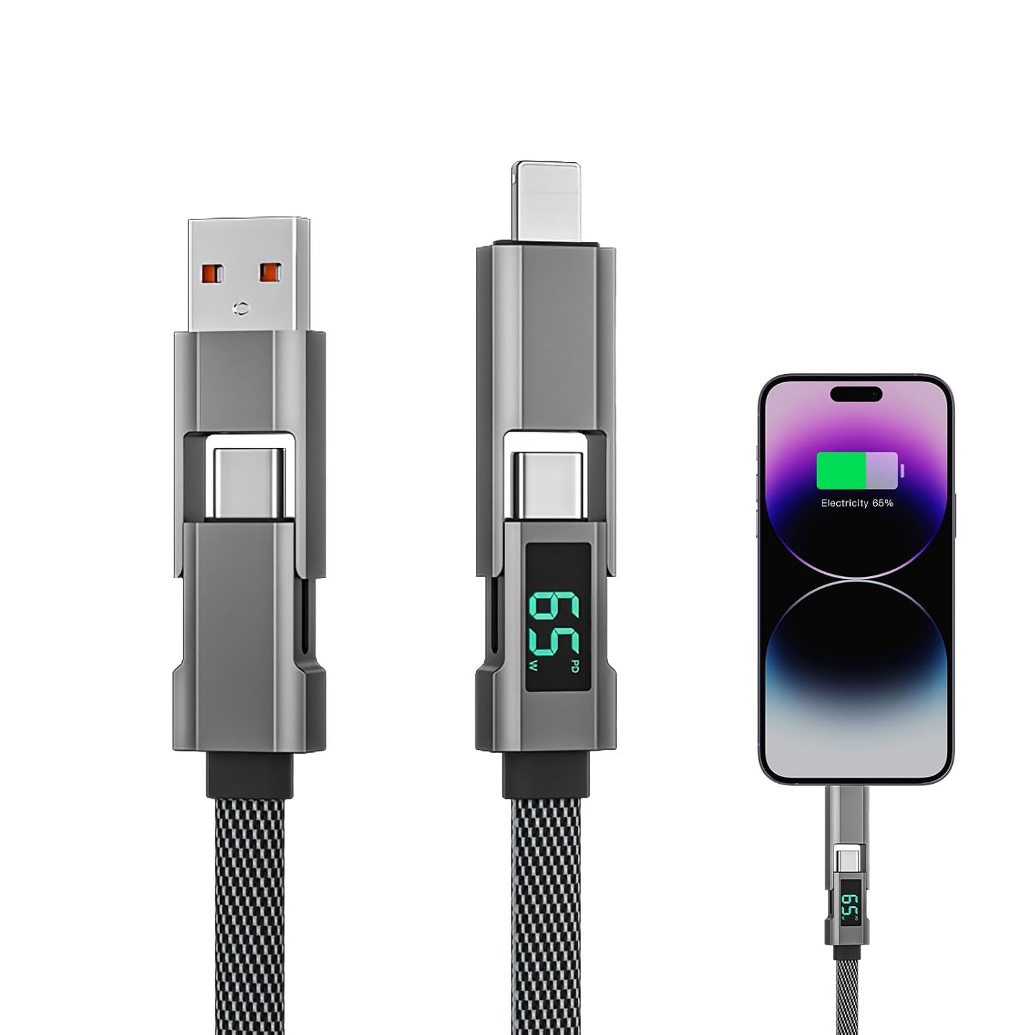 4 in 1 Charging Cable, 1M USB to Light-Ning Cable, USB a to Light-Ning Cables, 65W Multi-Port Universal Charger, PVC Braided Cables, Compatible with Iphone 16/15/14, Ipad, Android Phones image number 4