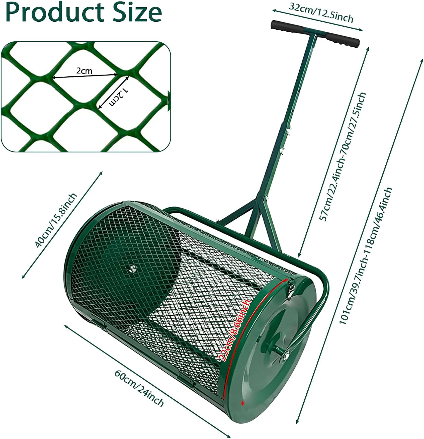24" Compost Spreader Lawn and Garden Peat Moss Roller with 22.4"-27.5" Height Adjustable Handle 24" X 15.7" Powder Coated Mesh Basket with Side Latches for Topsoil Manure Fertilizers image number 3